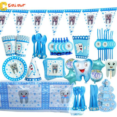 NEW Pink Blue Girl Boy My First Tooth Theme Party Decoration Tableware Paper Cup Plate Baby Shower Kids Birthday Party Supplies