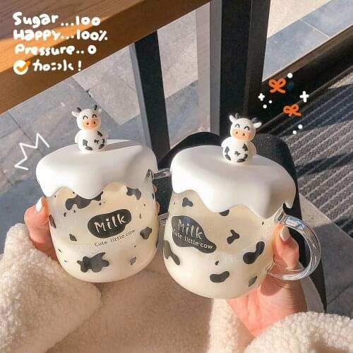 Glass Cup Cartoon Cows Heat Resistant Milk Cup With Handgrip And Lid For Office Breakfast As Fathers Day Gifts Mug кружка