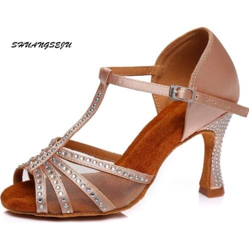 Women Salsa party Ballroom shoes Latin dance shoes big small rhinestone shining Skin Black satin Cuba heel 9cm other colors