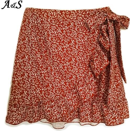 Anbenser Beach Boho Sexy Mini Skirt Female Summer Womens Casual Floral Printed Ruffles Hem High-Waist Skirt Skirts For Women
