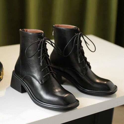 Microfiber Leather women ankle Boots Women square Toe Thick med Heels Boots lace up Female Cowhide Short Boots Size 33-43