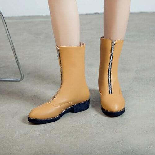 YMECHIC Autumn Winter Boots Women 2019 Front Zip Sewing Chunky Low Heels Booties Mid Calf Yellow Black White Blue Womens Shoes