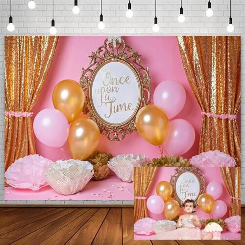 Avezano Birthday Cake Smash Princess Backdrops Pink Balloons Flowers Curtain Girl Background Photography Studio Photocall Decor