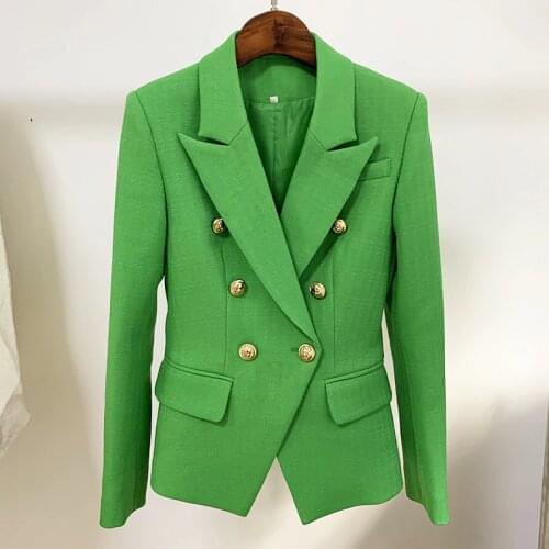 2020 Classic Green Womens Blazer Autumn Metal Gold Double-breasted Button Slim Cotton Linen Blazers Jackets Suit Dropshipping