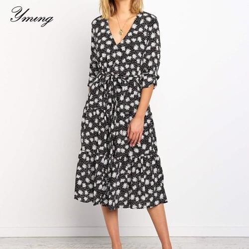 YMING Floral Printed Boho Women Dress Party Midi Dress Half Sleeve Elegant Dresses Female Vestidos Beach Dresses Chiffon Clothes