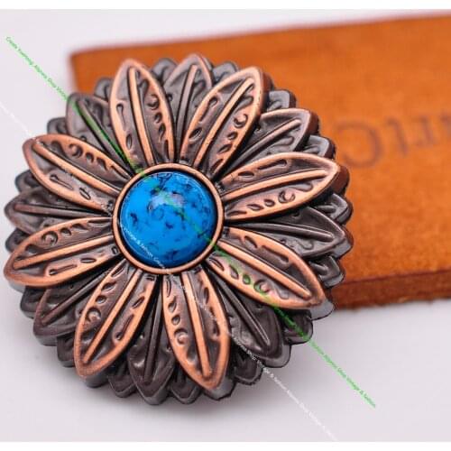 10pcs Western Antique Copper Leathercraft 3D Floral Turquoise Sewing Concho Hair Decor Sewing Button