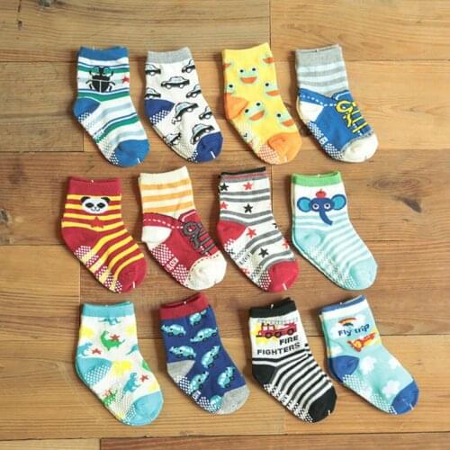 12 Pairs/ Pack Kids Socks Assorted Non-Skid Ankle Fashion Cotton Pattern Stretch Knit Socks with Grip for 12-36 Months /36-60 Mo