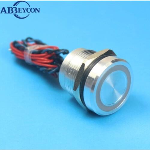 Abbeycon Wired LED Light Ring Momentary 5V/12V/24V Flat Head 2A 19mm Normally Open Waterproof Silver IP68 Touch Piezo Switch
