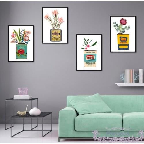 Food Cans Vase Flower Poster Vintage Fashion Creative Design Canvas Painting Wall Art Picture for Living Room Home Decor