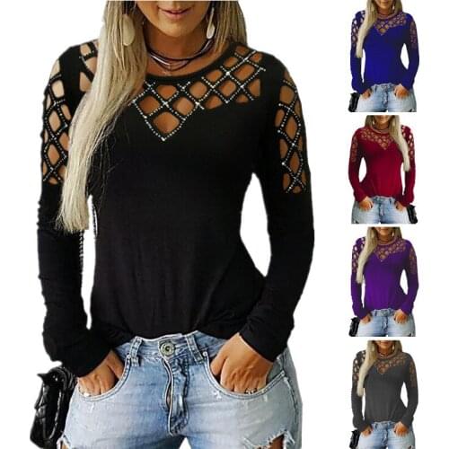 Black T-Shirt Women Sexy O Neck Hollow Out Patchwork Hot Drilling Long Sleeve Club Tee Tops Casual Loose Female Plus Size Tshirt