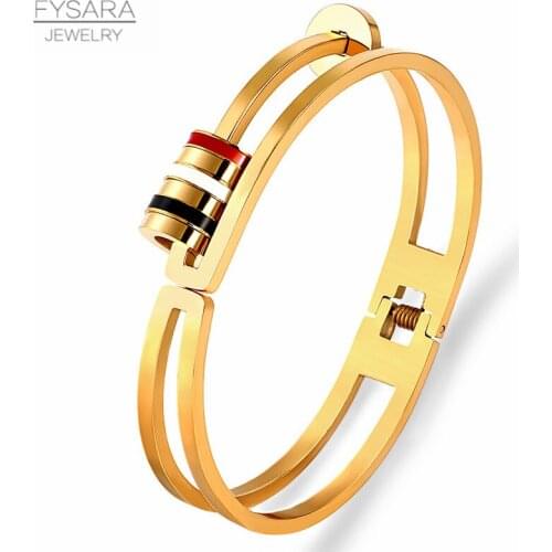 FYSARA Removable Round Circles Bangle Cuff Bracelets for Women Gold Color Stainless Steel Black White Red Enamel Bangles Jewelry