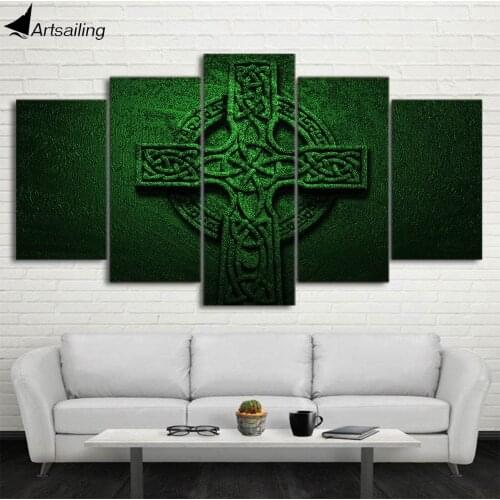 HD 5 piece canvas art Green Cross Jesus painting paintings for living room wall free shipping wall decor CU-537