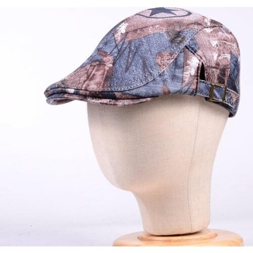 Mens Womens Unisex Real Leather Denim Pattern Military Peaked cap Army Beret Newsboy Hats/caps