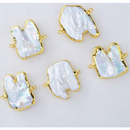 3pcs Freshwater Cultured White Keshi Pearl Pendant Double Ring Metal Bezel Connector