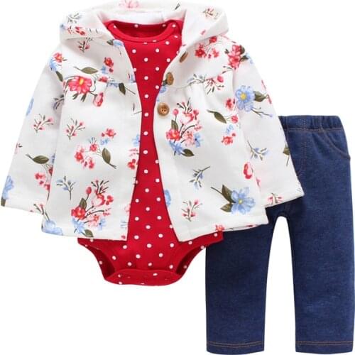 Kid girl hooded clothing set,unisex toddler baby outfit autumn winter,floral coat+rompers dot+pant,3PCS NEW BORN CLOHTES