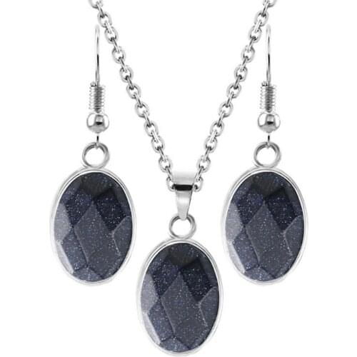 FYSL Silver Plated Oval Shape Section Blue Sand Stone Pendant Necklace Dangle Earrings Trendy Jewelry Set