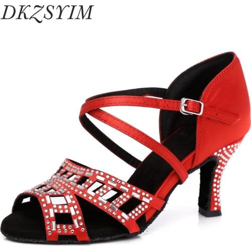 DKZSYIM Red Latin Dance Shoes Square Hells For Ladies Ballroom Jazz Modern Dancing Shoes Soft Soles Dance Sandals Rhinestone 10