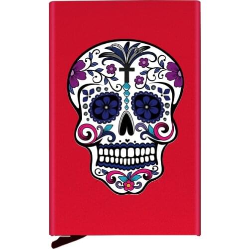 Red Metal Case Flower Skeleton Skull Printing Credit Card Holder Men Slim Anti Protect Travel ID Cardholder Women Rfid Wallet