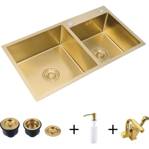 Above Counter Double bowels Kitchen Sinks 304 Stainless Steel Brushed Gold Kitchen Sink 780X430 mm