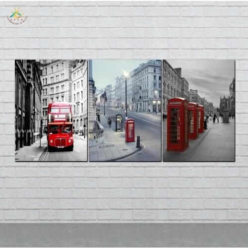 Wall Art HD Prints Canvas Art Painting Modular Picture Vintag Poster Red Bus & Telephone Booth Canvas Painting 3 PIECES