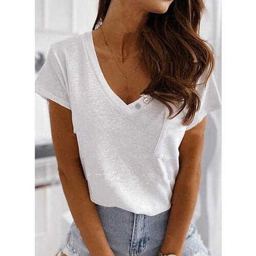 Summer New T-shirt Women Soft Short Sleeve V Neck Female Tees Basic Pullover Pocket Buttons Tops Harajuku Tshirt For Ladies