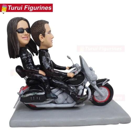 Couple riding old motorcycle sculpture polymer clay dolls mini statue cake toppers