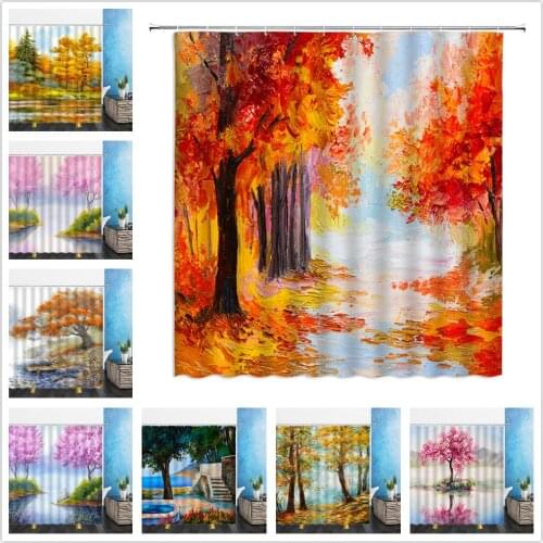 Landscape Shower Curtains Painting Four Seasons Forest Trees Scenery 3D Bathroom Home Decor Waterproof Polyester Cloth Curtain
