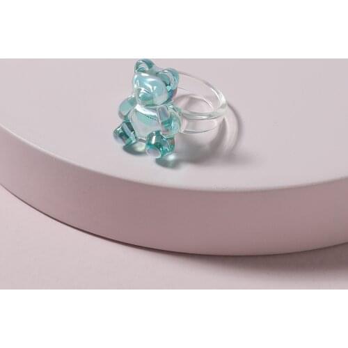 Plastic rein bear ring for women teenage girls acrylic cute blue pink fancy ring funny summer jewelry 2021