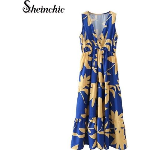 Women Maxi Dress Summer Casual Sexy Boho Blue Printed Sleeveless V Neck Ladies Long Dress Loose Vestido