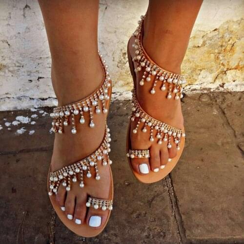 SAGACE Women Sandals Womens Fashion Casual Ring Toe Flat Crystal Pearl Beach Sandals Slip-on Summer Outdoor Roman Shoes 2021