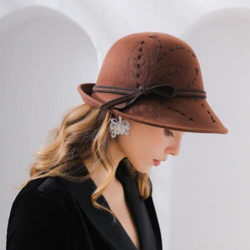 Female Fedoras Wool Hats Girls Elegant Bucket Flower Hats Woolen Floral Dome Cap Fedora Hat Curling Woolen Hat LadiesB-8899