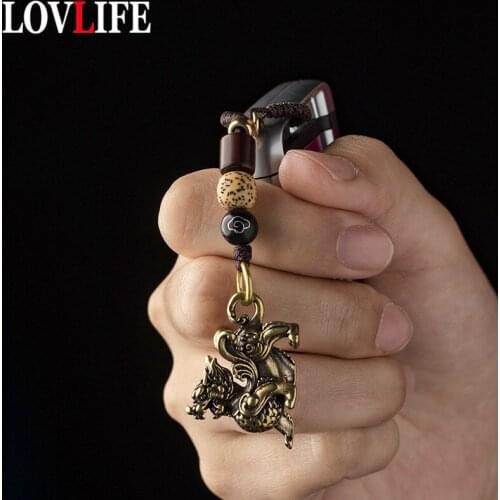 Vintage Brass Chinese Beast Pendants for Keychains Lanyard Men Car Key Chain Hanging Lucky Feng Shui Jewelry Handmade Woven Rope