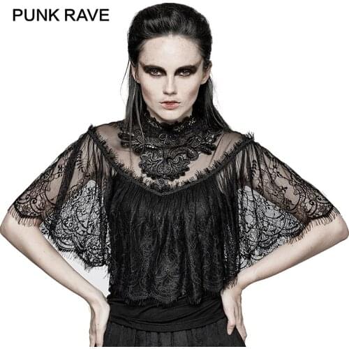 PUNK RAVE Gothic Women Lace Shrug Shawl T-shirt Gorgeous Floral Pattern Shrug Shawl Sexy See-through Short Sleeve Top Girl Party