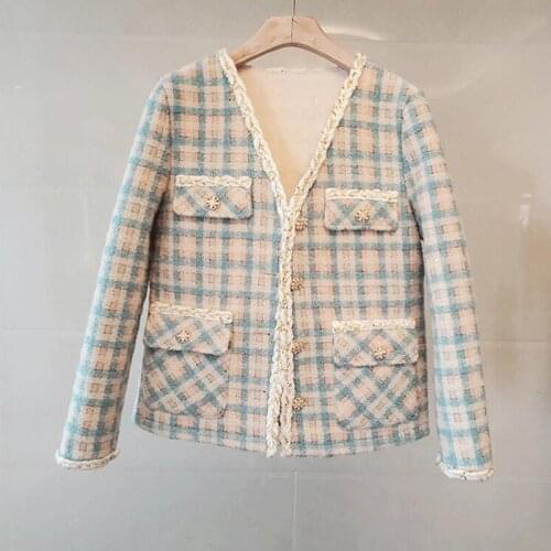 Luxury Design Tweed Jacket Women Plaid Autumn Winter Short Coat V-neck Long Sleeve Jackets Vintage Korean Outerwear All Match