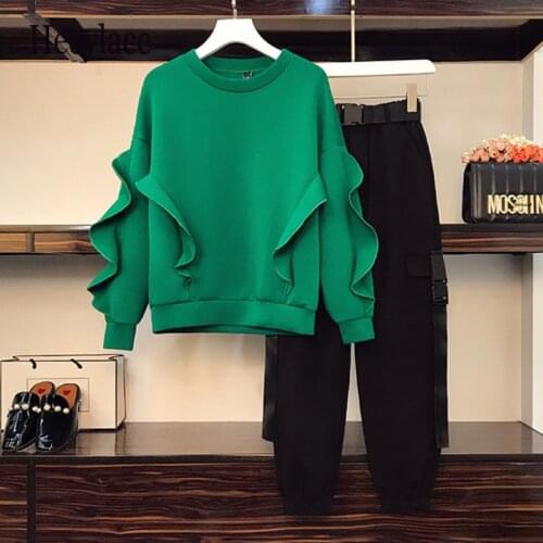 Plus Size Women Winter Clothing Street Suit Space cotton Green Sweatershirt Top And Cargo Pant Two Piece Set Outfit Tracksuit