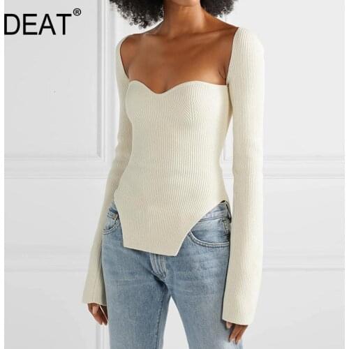 DEAT 2020 new spring and summer fashion women clothes cashmere sqaure collar full sleeves elastic high waist sexy pullover WK080