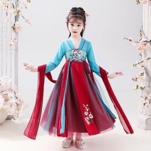 Girls Hanfu Chinese Style Tang Suit Gown Robes Ancient Perform Costume Cosplay Retro Oriental Clothing Flower Girl Dress