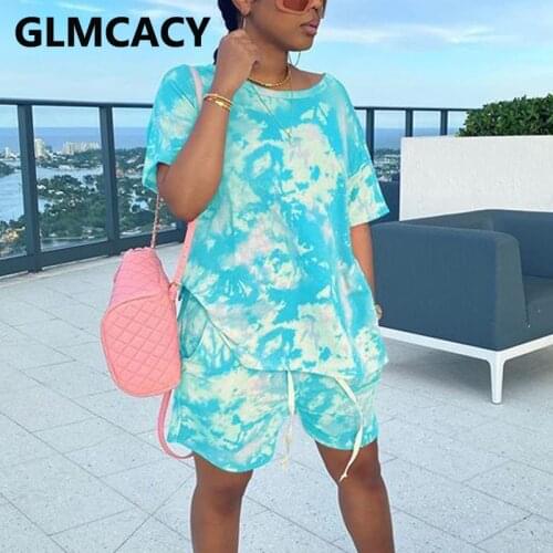 Women Casual Tie Dye Two Piece Set Matching Sets Short Sleeve Oversized Tshirt and Shorts Set Tracksuits