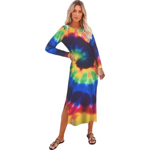 Rainbow Tie Dye Print Womens Long Maxi Dress Casual Round Neck Long Sleeve Bohemian Dresses Autumn Side High Split Party Dress