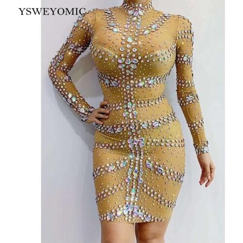 2020 new Multi-color Stones Nude Red Mesh Dress Evening Bar Birthday Celebrate Prom Dance Transparent Women Dancer Singer Dress