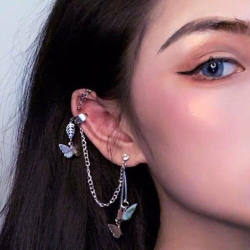 1 Pair Punk Hip Hop Long Chain Butterfly Drop Earrings Ear Bone Cuff Clip Women Silver Color Zircon Tassel Earrings