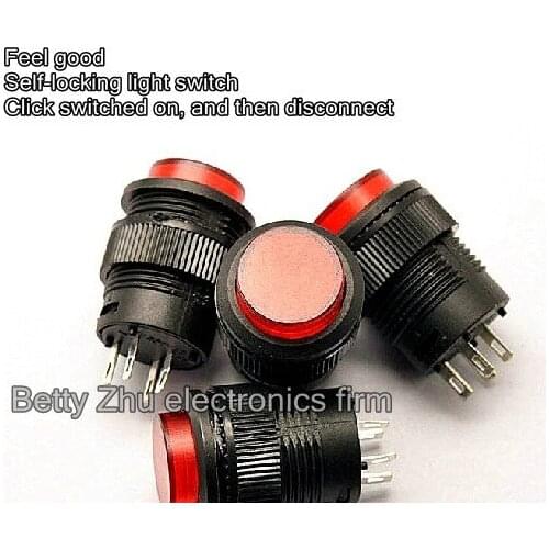 10PCS/LOT Self-locking switch button light switch / R16-503AD red round 16MM 3A/250V