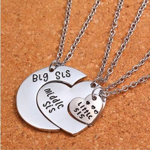 3pcs Family Jewelry Gift Big Middle Little Sis Love Heart Charm Pendant Necklaces Jewelry Gifts For Sisters