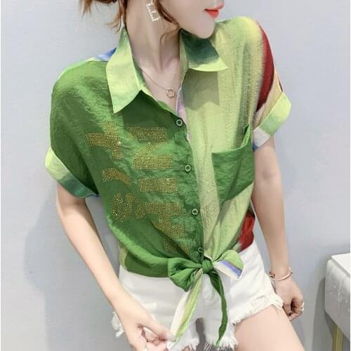 #8202 Summer Short Sleeve Shirt Women With Diamonds Lapel Collar Sexy Women Shirt Short Sleeve Loose Tie Dyed Striped Printed