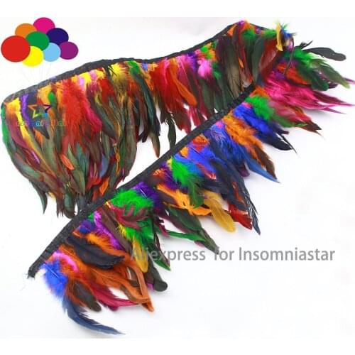 INSOMNIA STAR Dyed Color mixing Chicken Hackle feather Fringe Trim 6-8" in Width For Dress Diy
