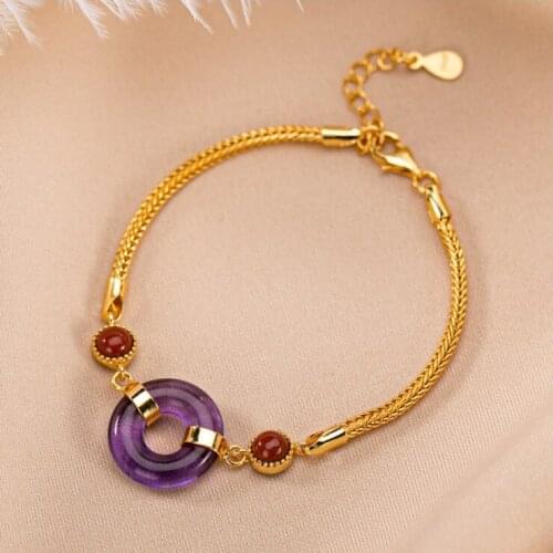 Silver inlaid natural amethyst chalcedony bracelet Chinese style retro unique ancient gold craftsmanship womens brand jewelry