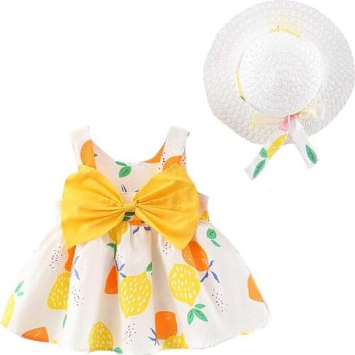 Lemon Fabric Cotton Summer Baby Girls Dress Toddler Outfit + Hat For Beach Vacation Kids Clothes