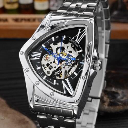Fashion Hollow Skeleton Watch Men Triangular Watches Stainless Steel Automatic Mechanical Watches Promotion Price Dropshipping