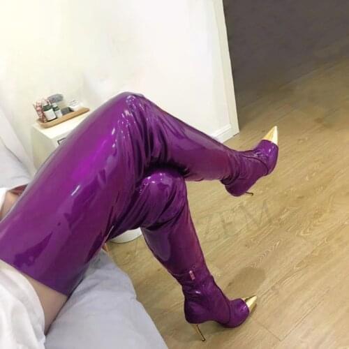 LAIGZEM Trendy Women Thigh High Boots Patent Shiny Side Zip Heeled Boots Shoes Woman Handmade Botines Botas Large Size 39 42 47