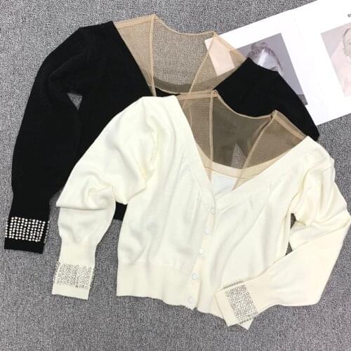 Fashion 2021 new ladies long sexy casual mesh stitching diamond sleeve cardigan 0111